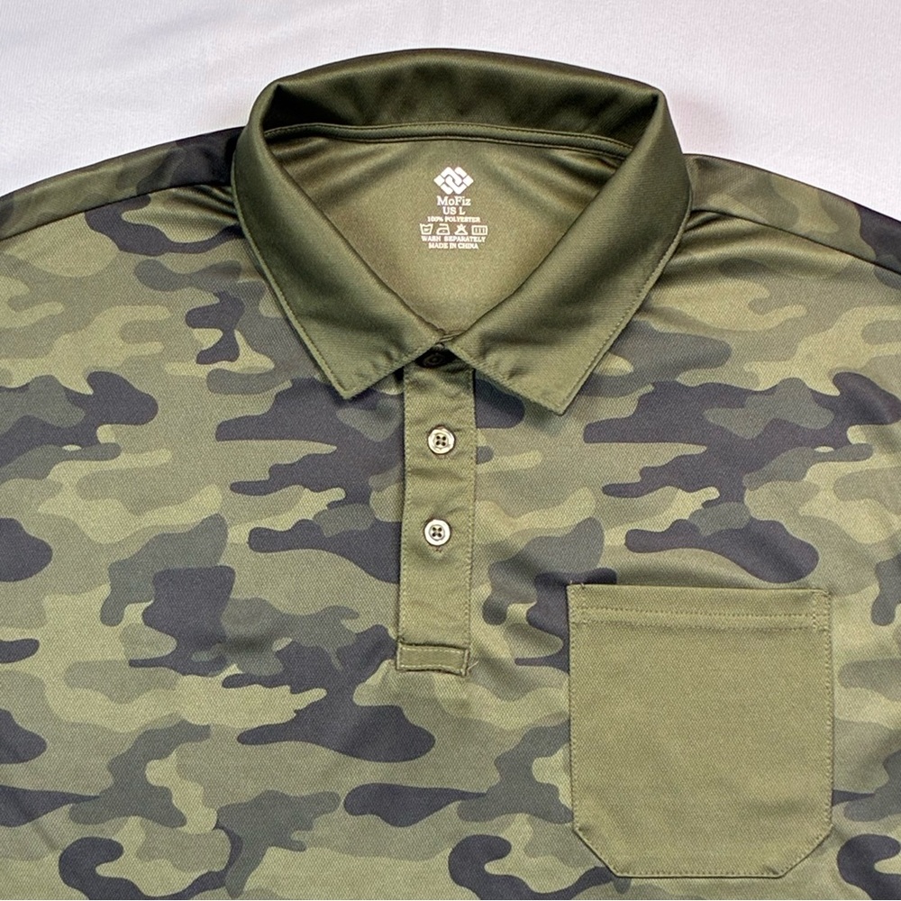 MoFiz Polo Shirt Size Large Camo Print Dry Fit Short Sleeve Pockets Golf Hunting